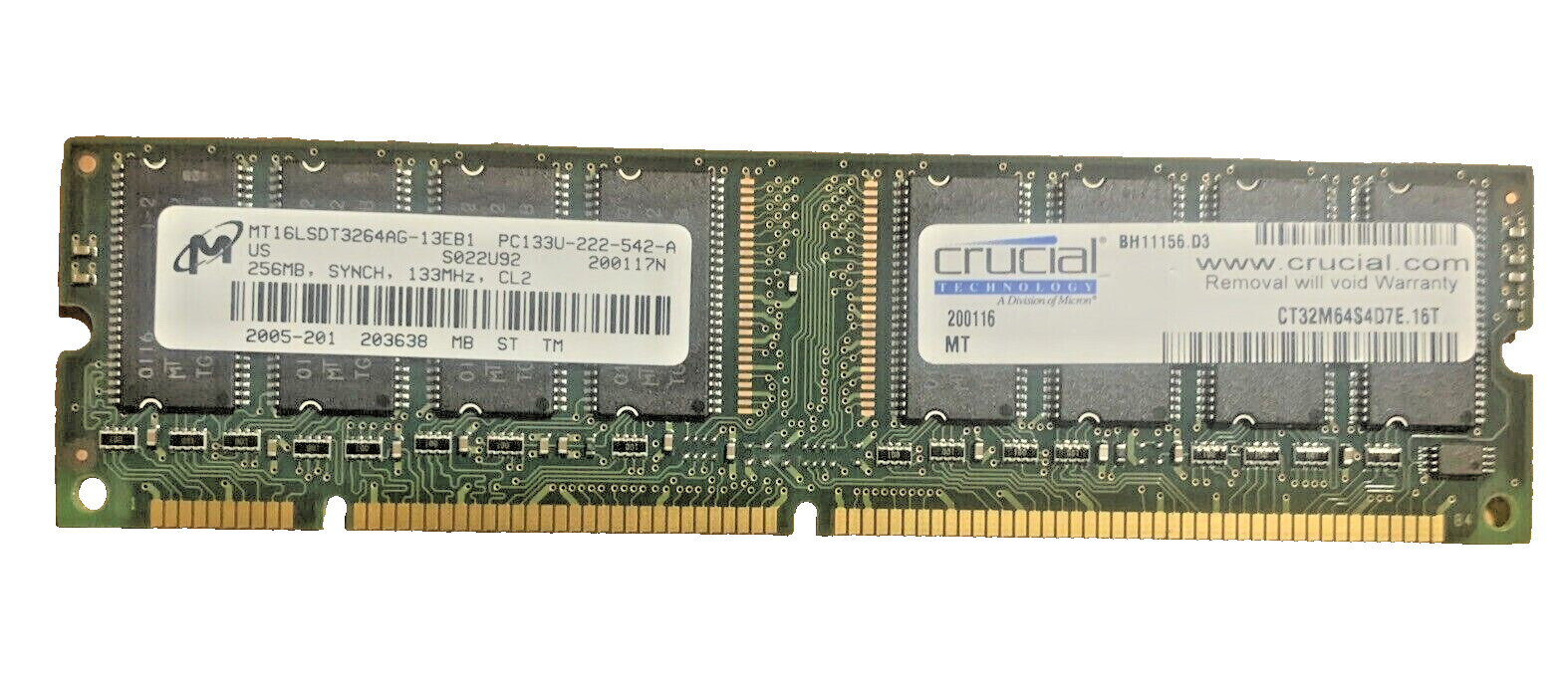 Crucial 256MB 32Mx64 Dimm SDRAM  CL2 133MHz Memory Card CT32M64S4D7E PC133U Used. Available Now for $24.50