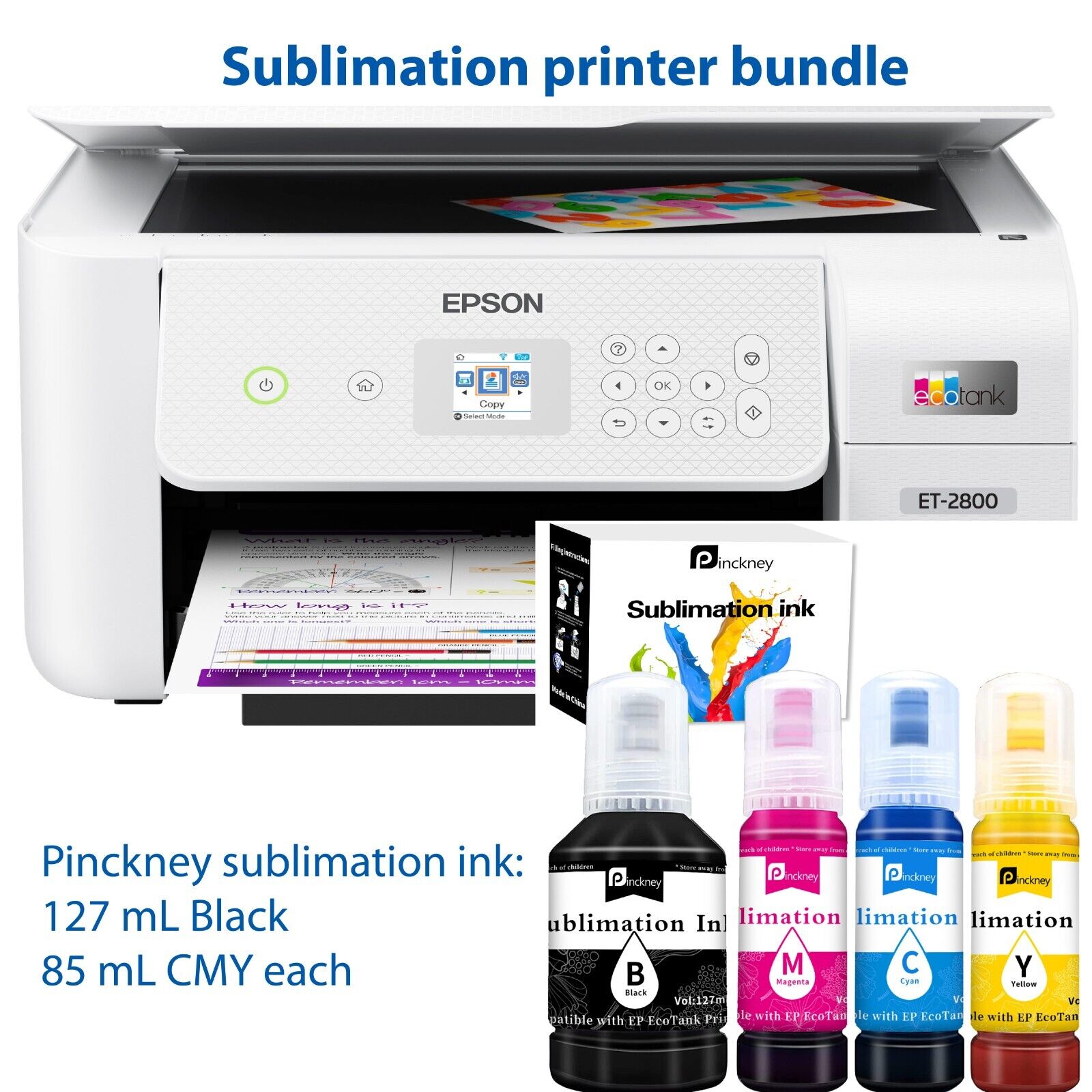 Espon EcoTank Printer With Sublimation Ink Bottles Bundle - White. Available Now for $239.98