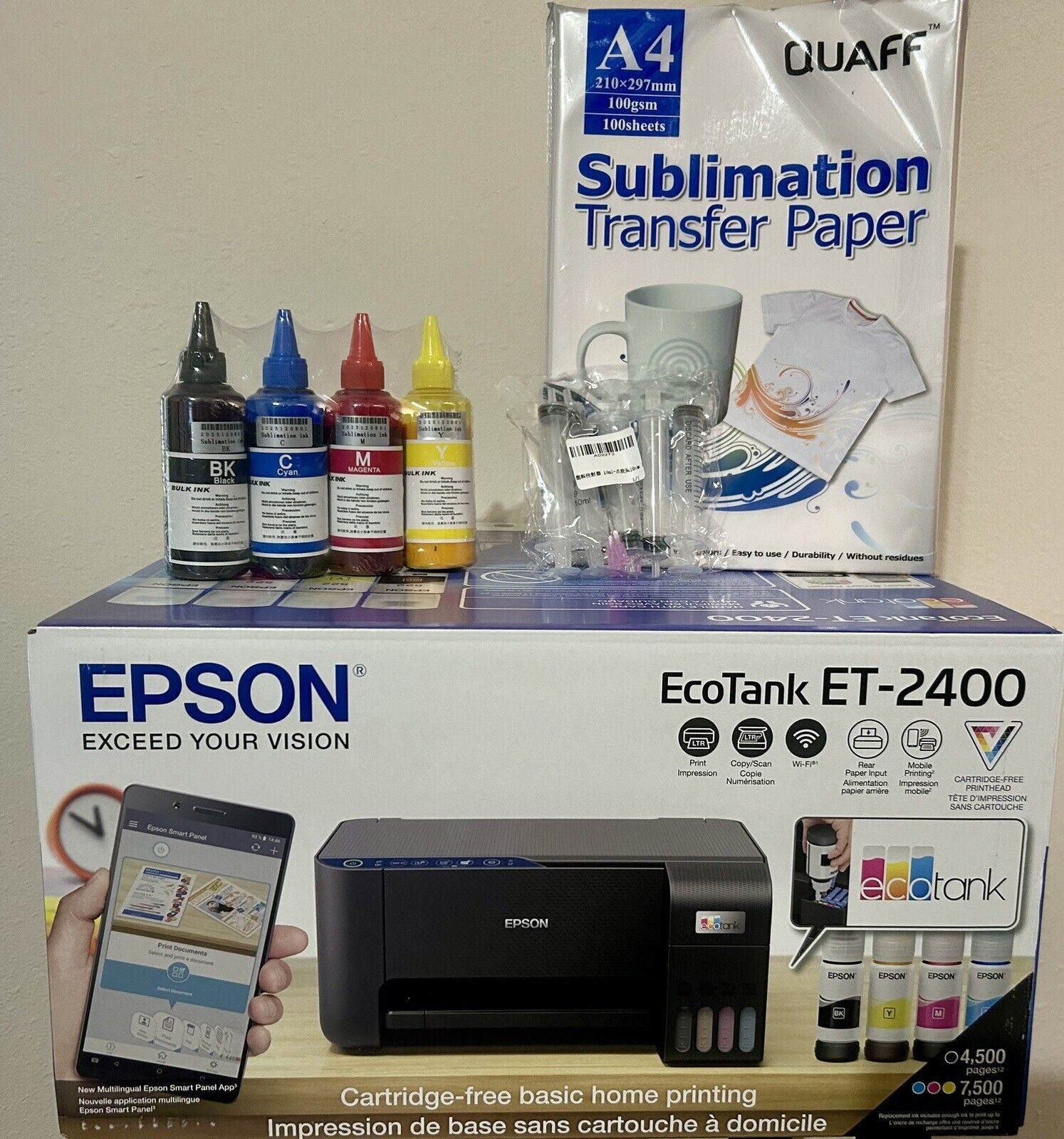 Sublimation Printer EcoTank ET 2400 Bundle Combo with Sublimation Ink and Paper. Available Now for $272.80