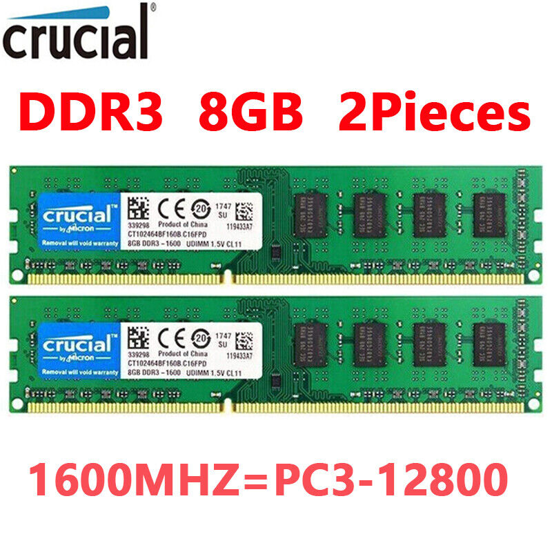 CRUCIAL DDR3 1600MHz 16GB (2x 8GB) PC3-12800 Desktop 240pin DIMM Memory RAM 1.5V. Available Now for $21.50